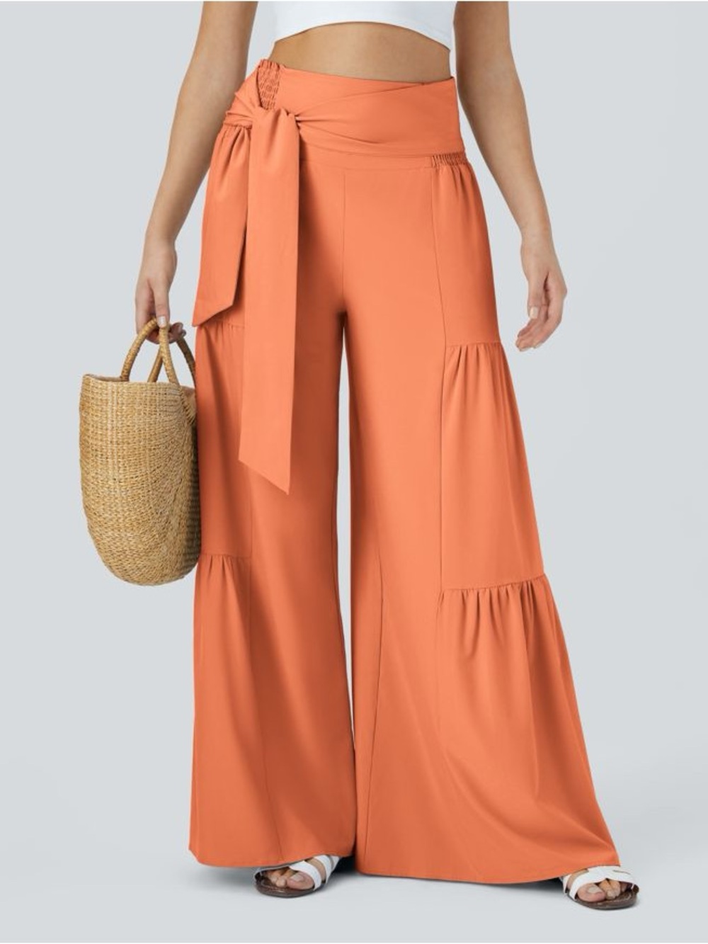 High-Waist Wide-Leg Tiered Pants with Waist Tie - Orange
